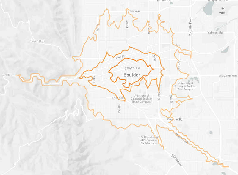 isochrone of locations around Boulder