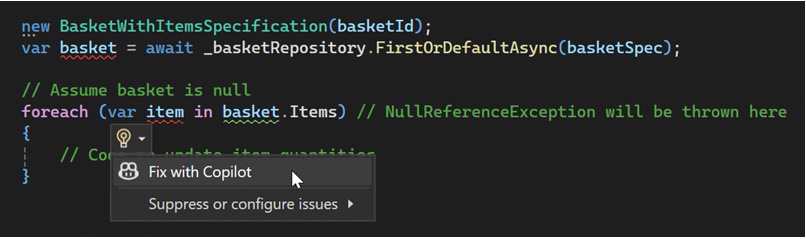 copilot offers suggestions for fixing code